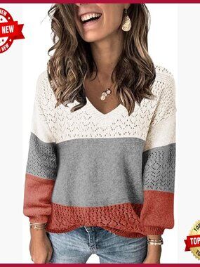 Lightweight Crochet Pullover Sweater V-Neck Long Sleeve Loose Fit